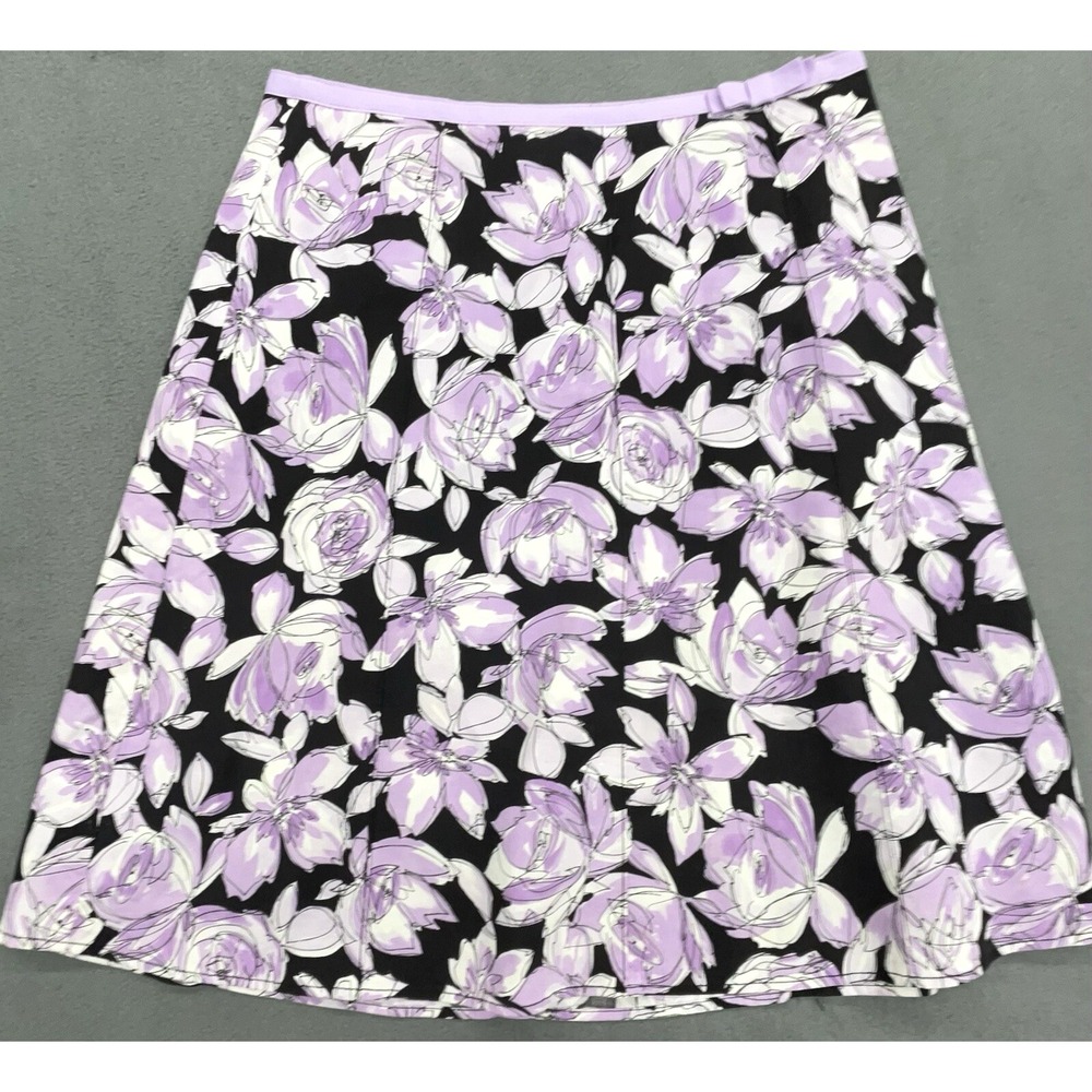 Rafaella Skirt 10 Purple‎ Black Floral Print Cotton Stretch Preppy Casual Career